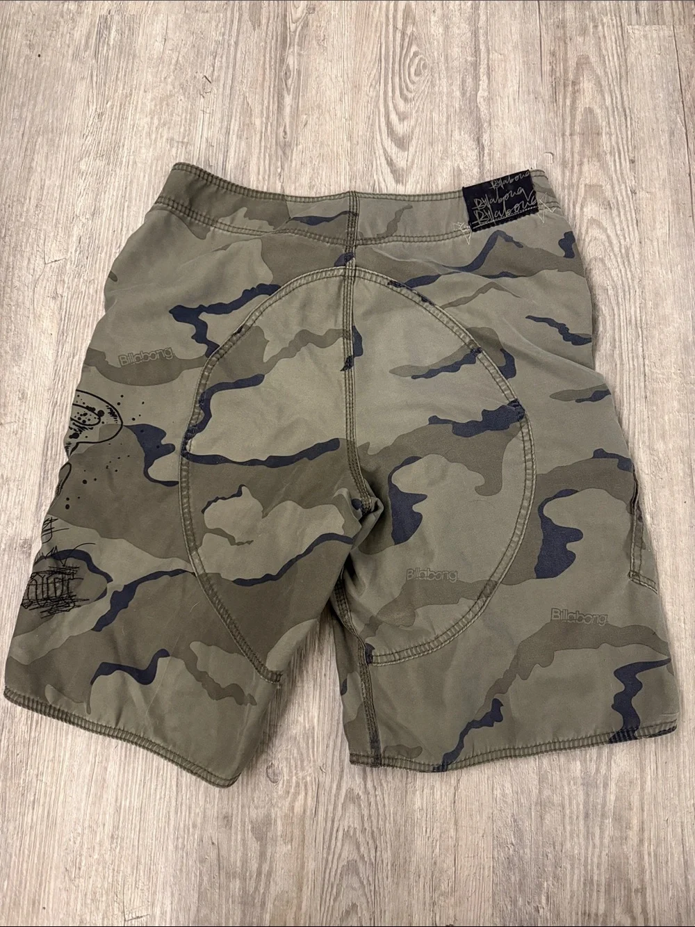 Billabong Olive Camo Board Shorts with Panther Graphic